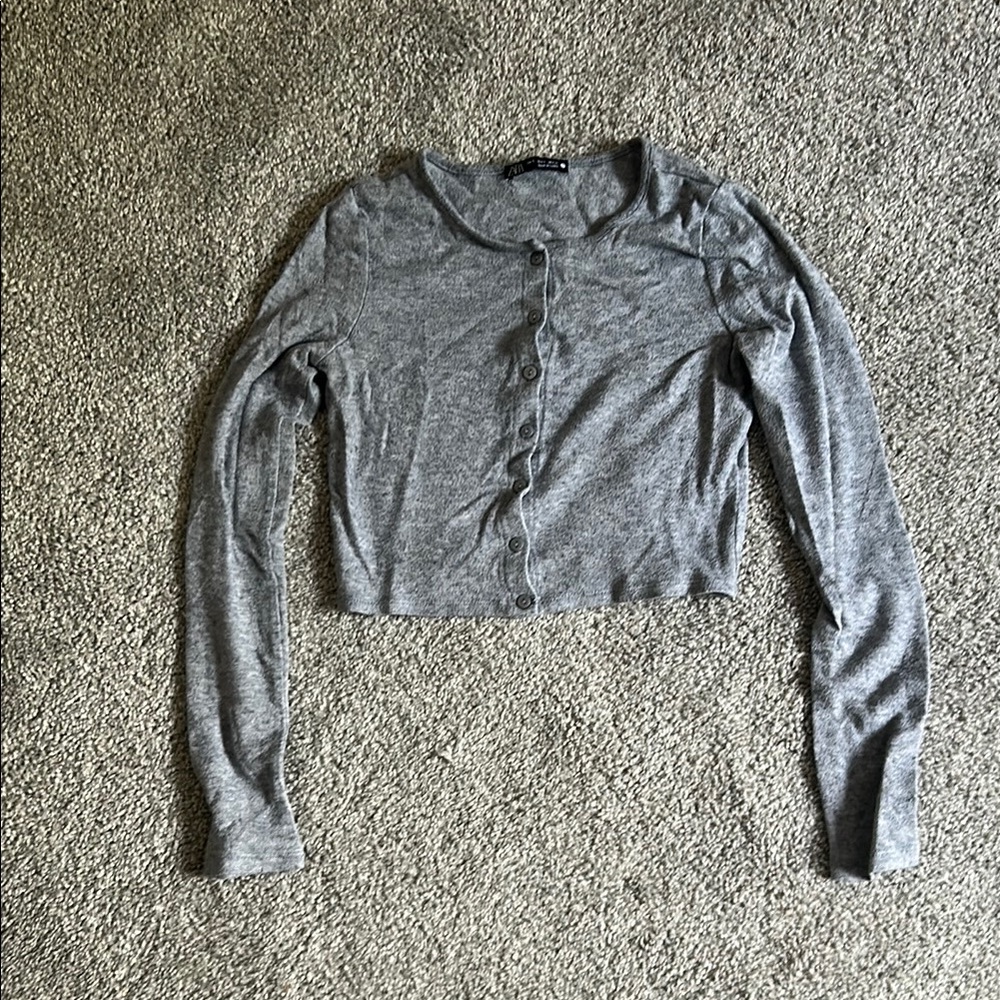 Zara Gray Cropped Button Down Shirt with Peter Pan Collar